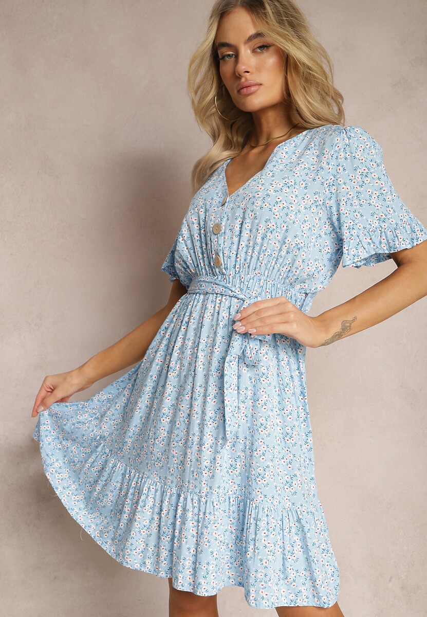 Biało-Różowa Rozkloszowana Sukienka Wiskozowa Mini w Kwiatowy Print z Falbanką Taelle