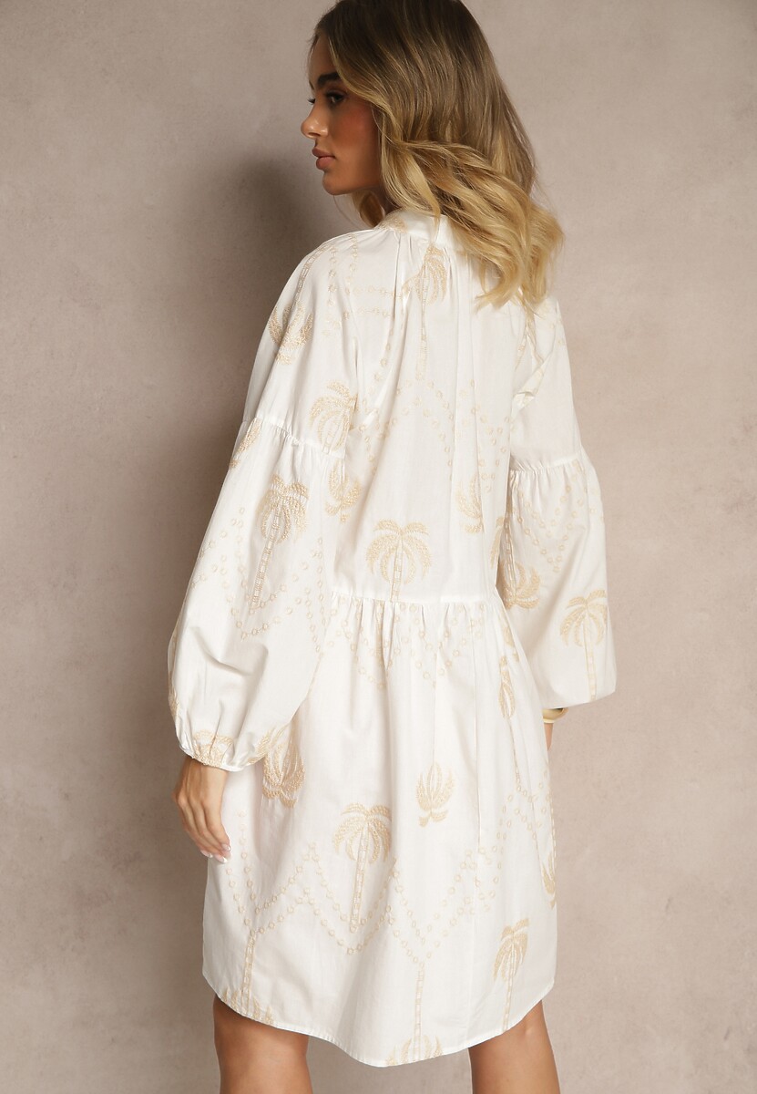 Biała Sukienka z Bawełny Ozdobiona Wiązaniem i Wzorem w Palmy Evialissae