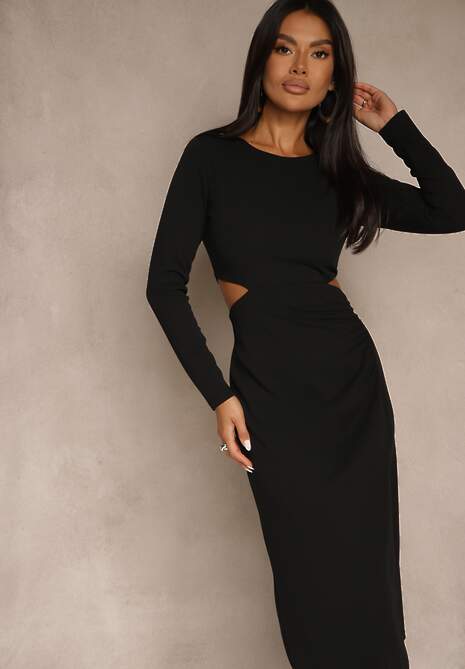 Czarna Koktajlowa Sukienka Midi Ozdobiona Rozcięciem na Dole i Wycięciami w Talii Aletines