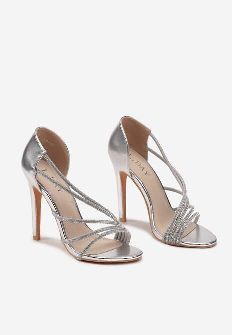 Srebrne Asymetryczne Sandały na Szpilce Zdobione Cyrkoniami Aarnia