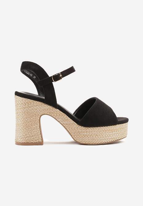 Czarne Sandały na Słupku z Platformą z Motywem Plecionki Sorliza