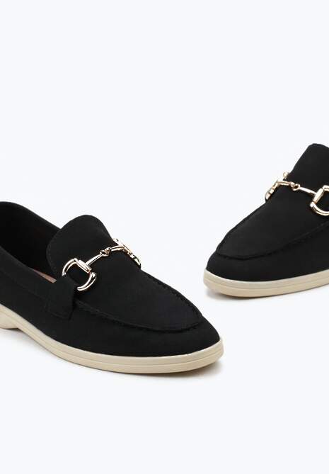 Czarne Mokasyny z Imitacji Zamszu z Ozdobną Klamrą i Przeszyciami Daneka