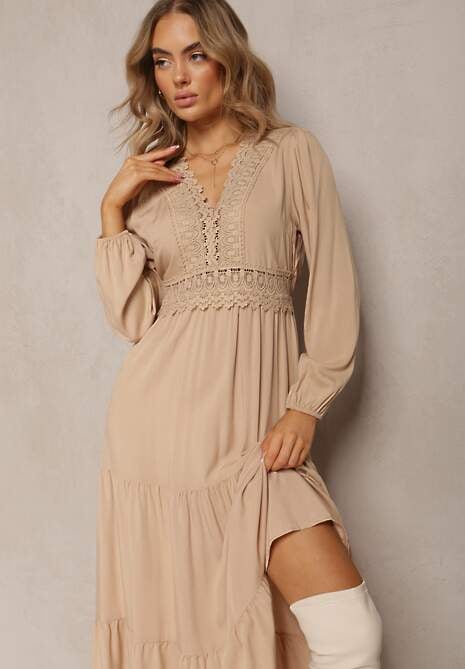 Beżowa Sukienka Rozkloszowana z Falbanką i Koronką Kiaya