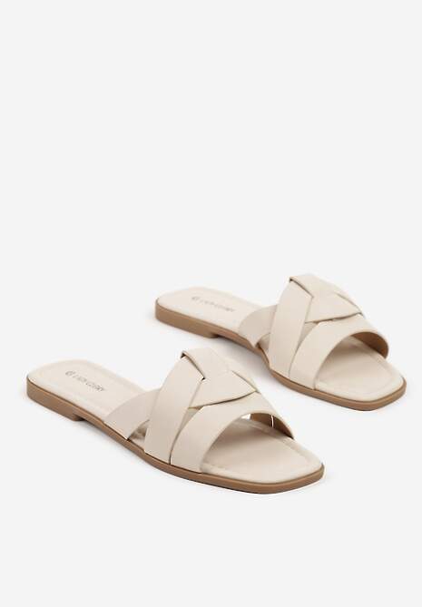 Beżowe Klapki Ozdobione Geometryczną Cholewką Orrona