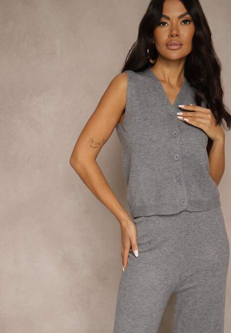 Szary Komplet z Dzianiny z Wełną Długi Kardigan Kamizelka i Spodnie Netivia