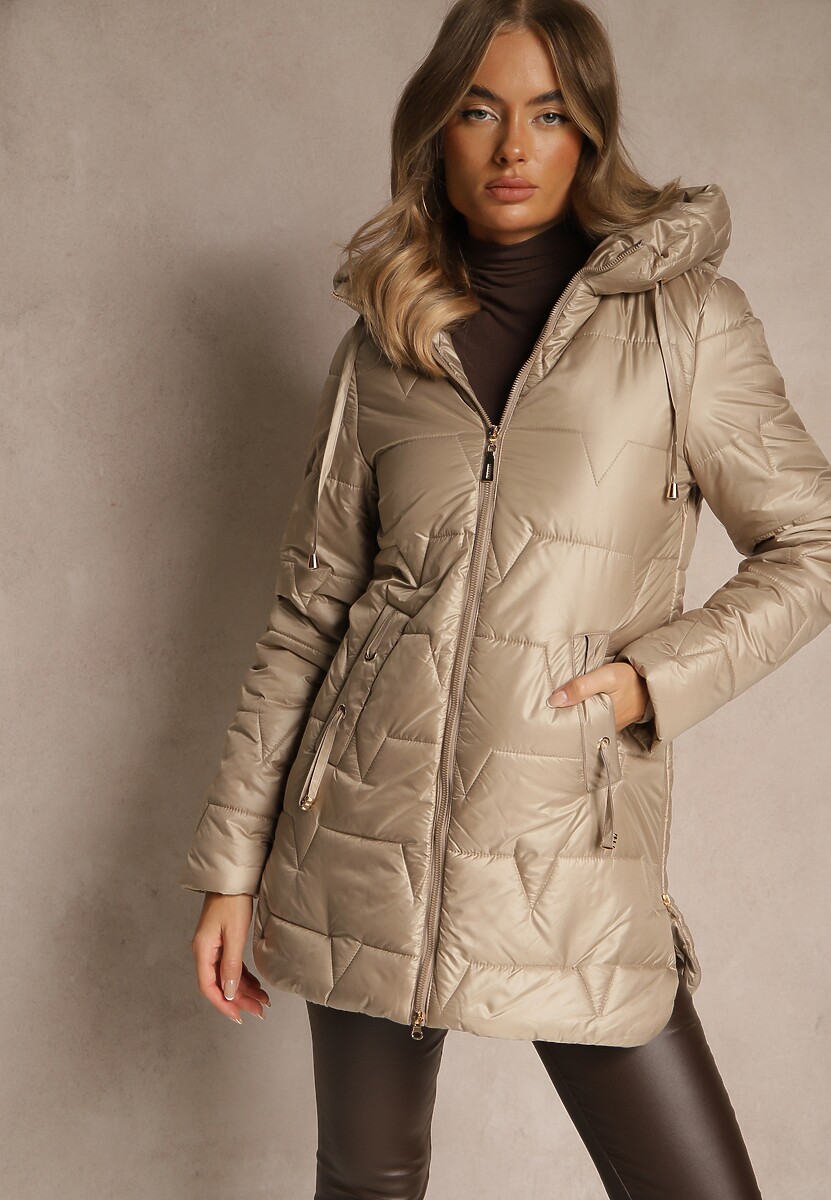 Beżowa  Przejściowa Kurtka z Pikowanymi Przeszyciami Kapturem i Suwakami Taranessa