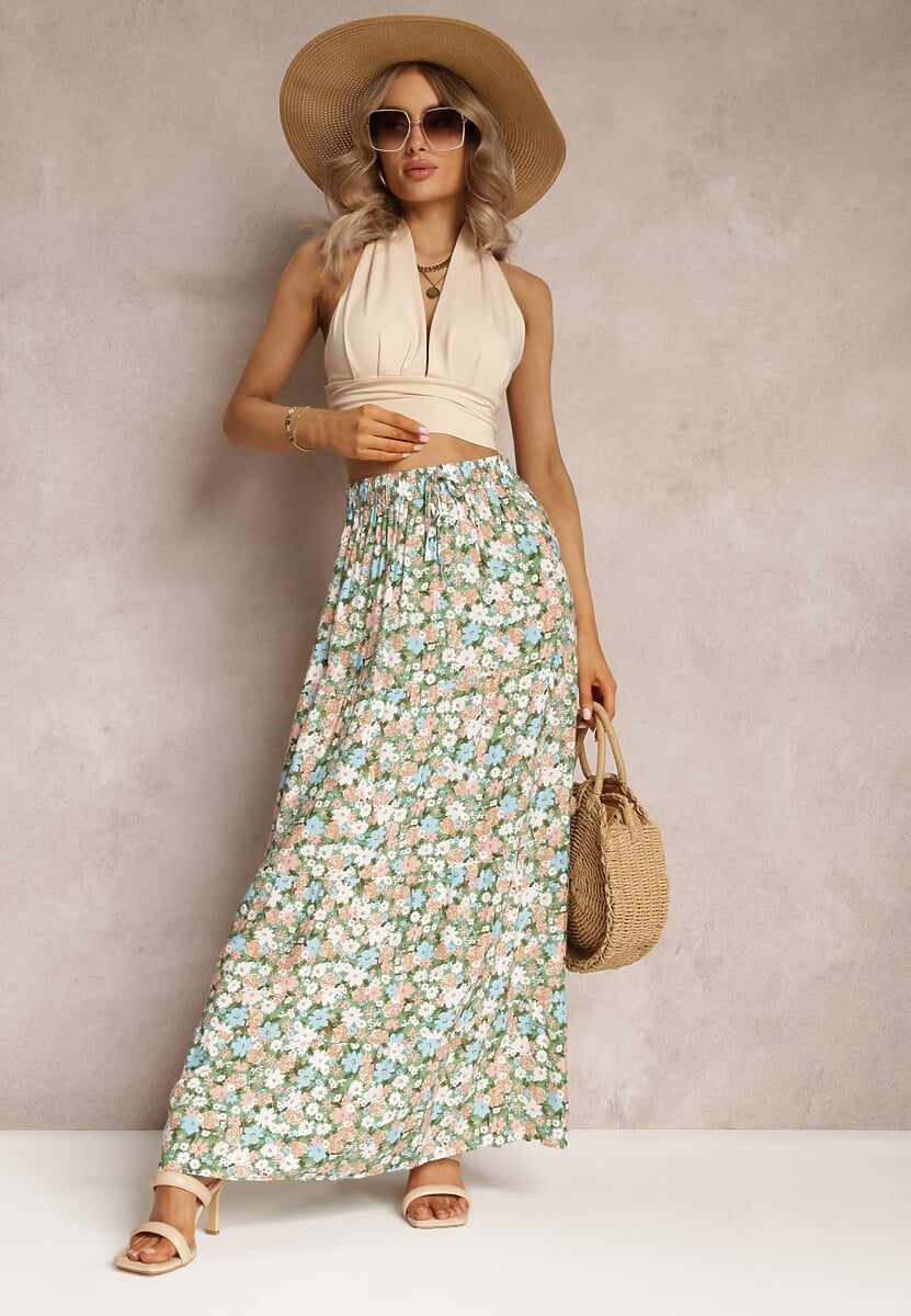 Zielona Bawełniana Spódnica Maxi z Troczkiem i Printem w Kwiaty Yibji