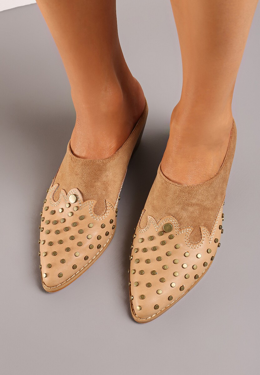 Brązowe Klapki Mule w Stylu Kowbojek na Niskim Stożku Ozdobione Nitami Nalkeda