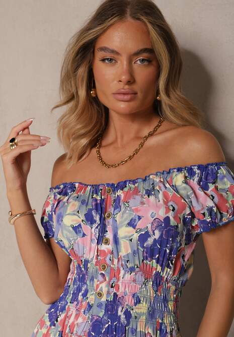 Niebiesko-Biała Sukienka Midi z Krótkim Rękawem z Wiskozy w Kwiaty Emena