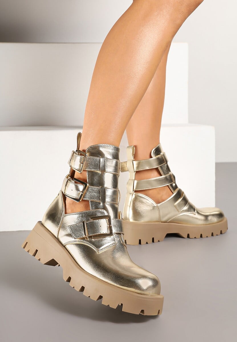 Złote Botki na Grubej Podeszwie Zdobione Wycięciami i Klamrami Seneona