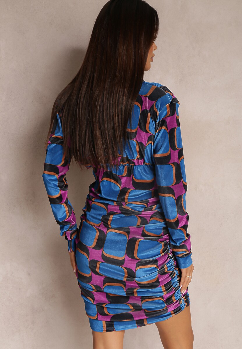 Niebieska Sukienka z Drapowaniem w Geometryczny Wzór Biyo