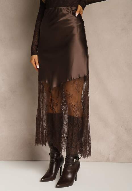 Brązowa Koktajlowa Spódnica z Satyny z Koronką Avelori