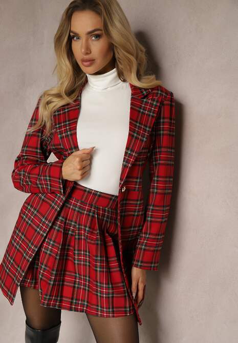 Czerwona Rozkloszowana Marynarka w Kartkę Zapinana na Ozdobny Guzik Delathria