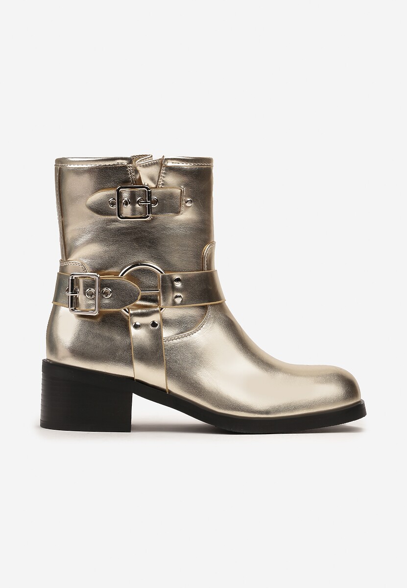 Złote Botki Bikery Ozdobione Paskami i Okrągłą Klamrą Warasa