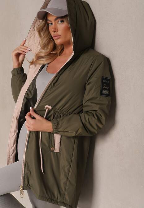 Ciemnozielona Kurtka o Kroju Parki z Kapturem i Ściągaczem w Talii Zizana