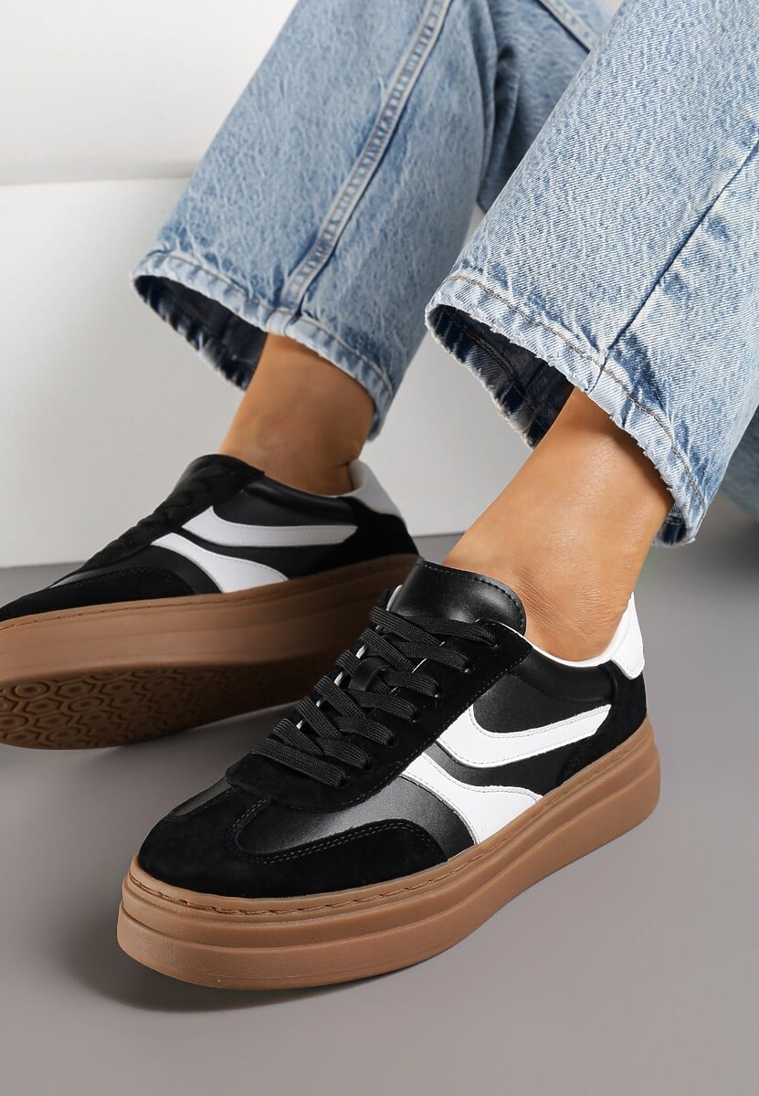 Czarne Zamszowe Sneakersy Tenisówki Ozdobione Geometrycznym Motywem Nalivette