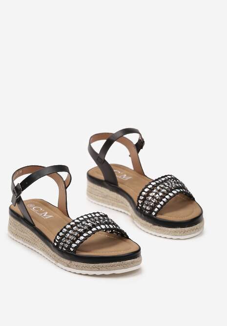 Czarne Sandały w Stylu Boho z Plecionką i Kryształkami Arigatta