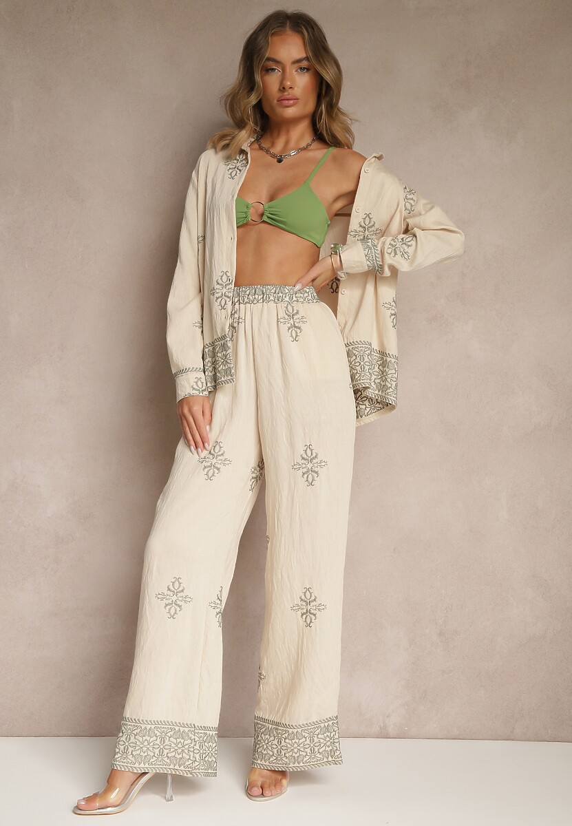 Biały Wiskozowy Komplet z Haftowanymi Zdobieniami Koszula i Spodnie Iffina