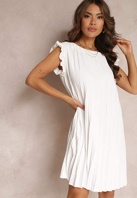 Biała Plisowana Sukienka Mini z Falbankami z Bawełny i Wiskozy Trinida
