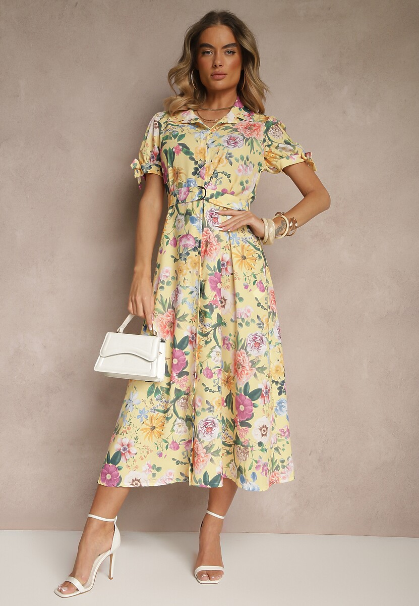 Żółta Koszulowa Sukienka w Kwiaty o Rozkloszowanym Fasonie z Paskiem Fevalirra