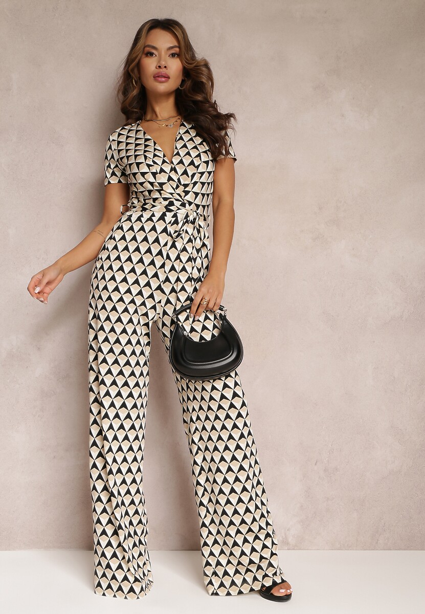 Beżowy Kopertowy Kombinezon z Krótkim Rękawem i Długimi Nogawkami Avrey