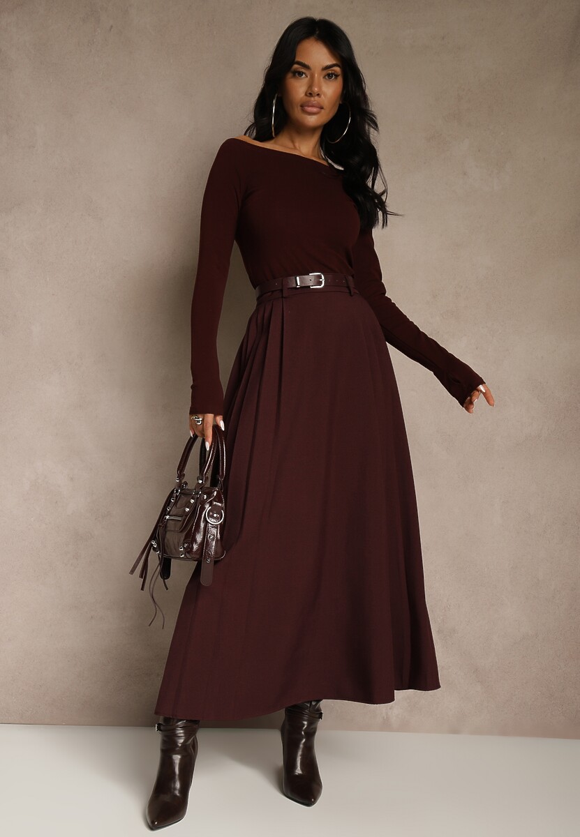 Brązowa Rozkloszowana Spódnica z Wiskozy z Dodatkowym Paskiem z Klamrą Lowedina