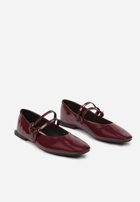 Bordowe Balerinki Płaskie Lakierowane z Paskami na Sprzączkę i Kwadratowym Noskiem Mailene