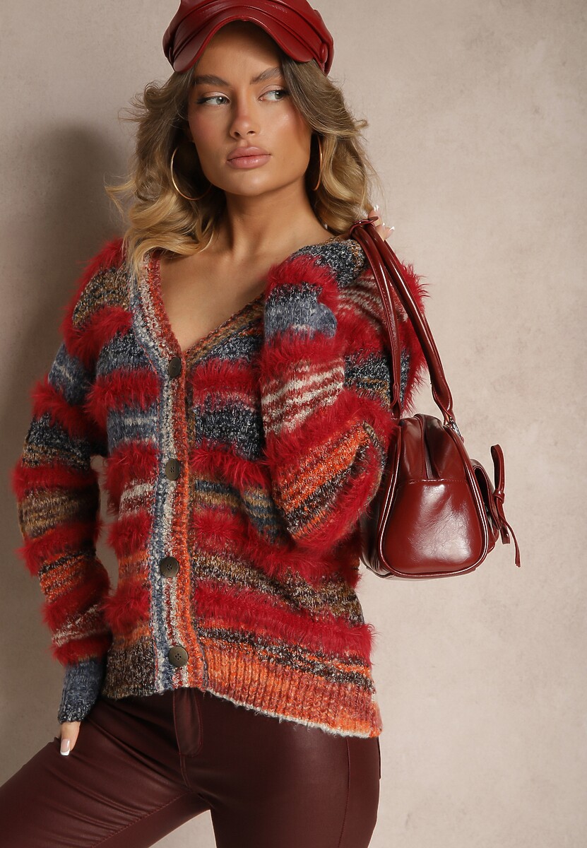 Pomarańczowo-Granatowy Rozpinany Kardigan z Wiskozą i Wełną w Paski Esamara