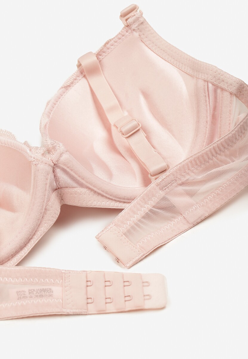 Różowy Biustonosz Push Up z Koronką i Metaliczną Ozdobą Norirae