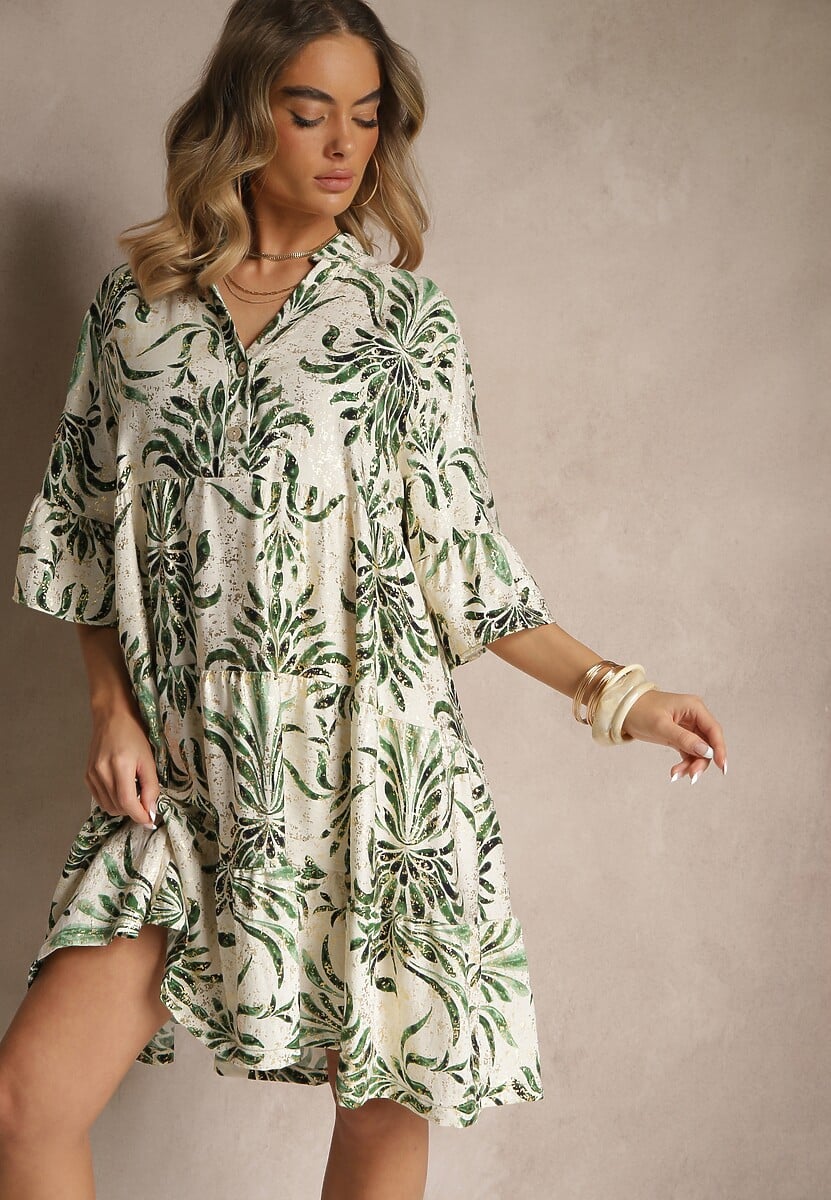 Zielono-Beżowa Sukienka z Lnem o Rozkloszowanym Kroju Zdobiona Metalicznym Nadrukiem Filinwena