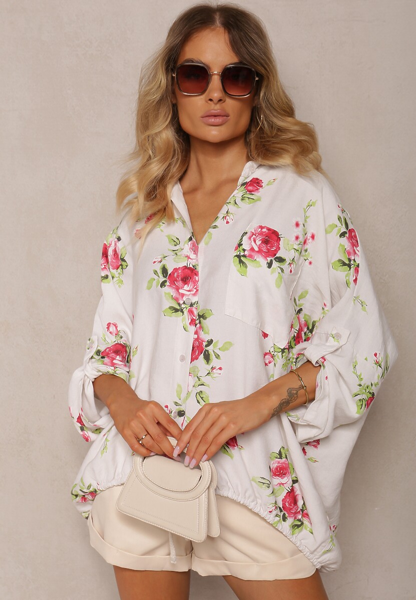Biało-Różowa Wiskozowa Koszula Ściągana na Dole o Kwiatowym Wzorze Tinovis