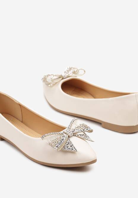 Beżowe Balerinki z Kokardą i Cyrkoniami Marintis
