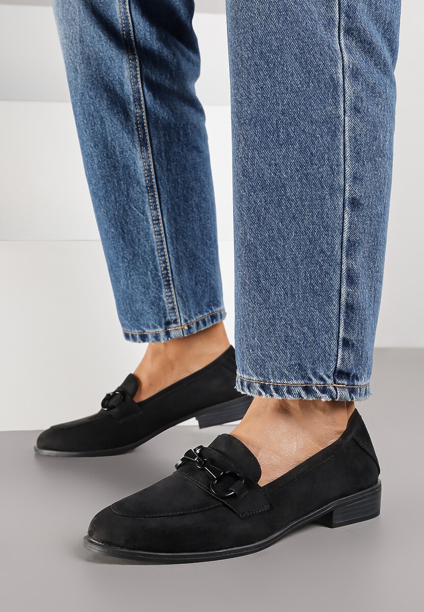 Czarne Mokasyny Vices z Wkładką ze Skóry Naturalnej Zdobione Łańcuszkiem Delariona