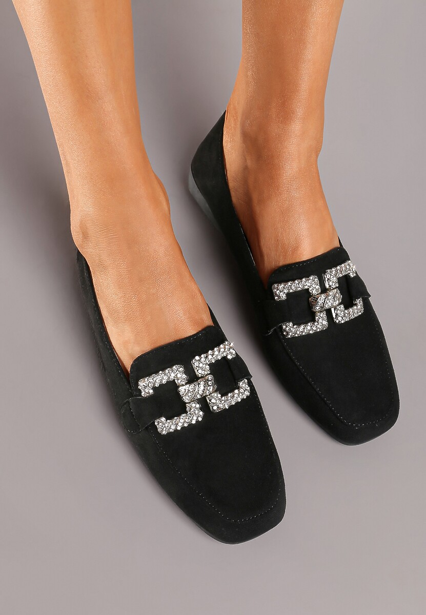 Czarne Mokasyny z Klamerką w Cyrkonie Bile