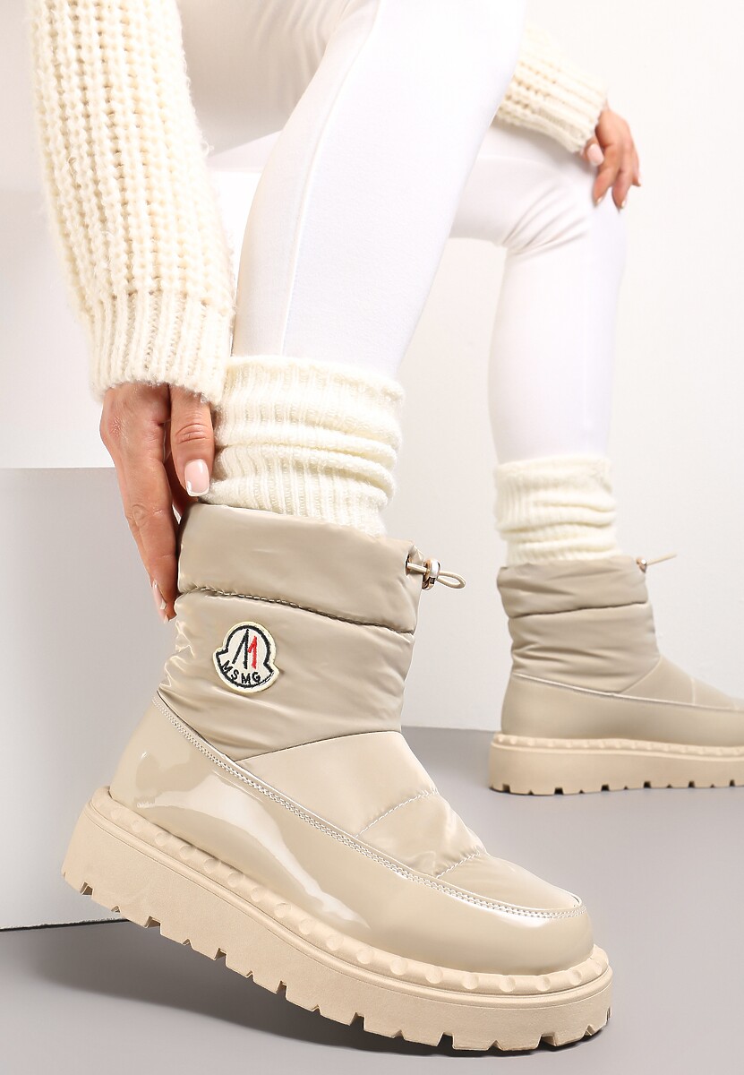 Ciemnobeżowe Krótkie Śniegowce na Platformie z Lakierowanymi Wstawkami Goddie