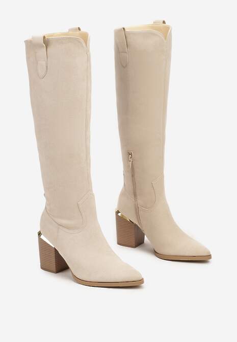 Beżowe Kozaki Vices na Słupku Ozdobione Metaliczną Wstawką Moriane