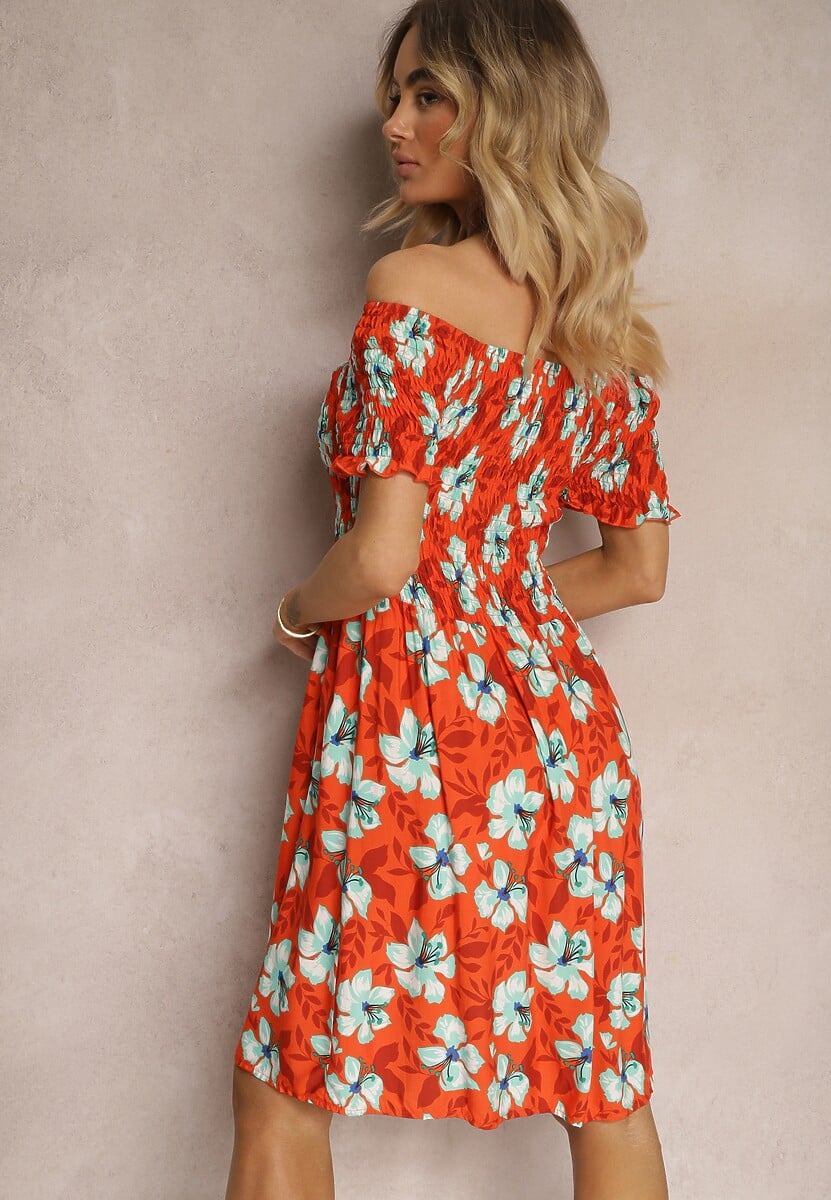 Pomarańczowa Rozkloszowana Sukienka Hiszpanka z Gumką w Talii w Kwiaty Nametris