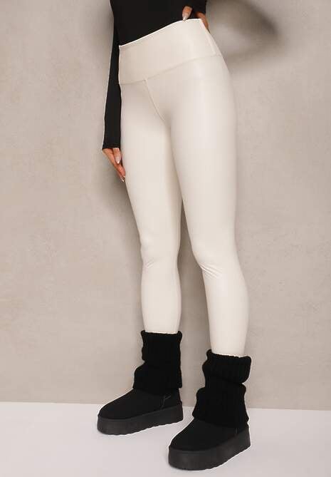 Białe Legginsy z Imitacji Skóry High Waist z Polarem Selabra