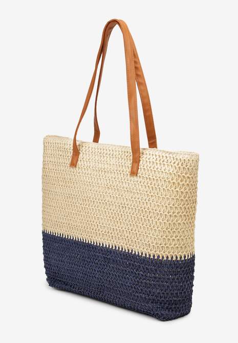 Beżowo-Granatowa Duża Torebka Jednokomorowa na Suwak o Plecionym Fasonie Kastra