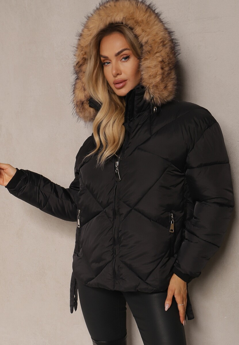 Ciemnobeżowa Kurtka z Pikowanymi Przeszyciami Kapturem i Rozcięciami na Napy Tintovia