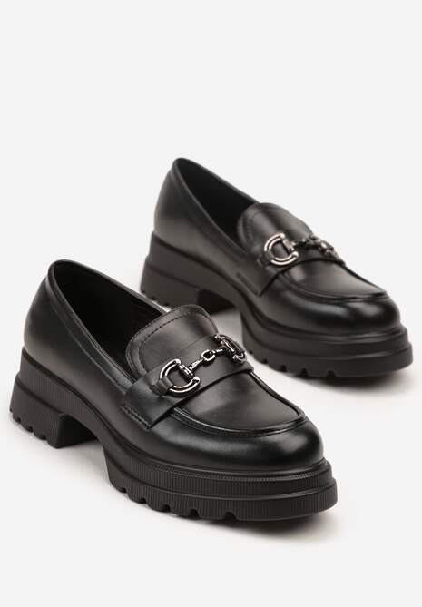 Czarne Mokasyny na Tłoczonej Platformie Ozdobione Klamrą Nessorie