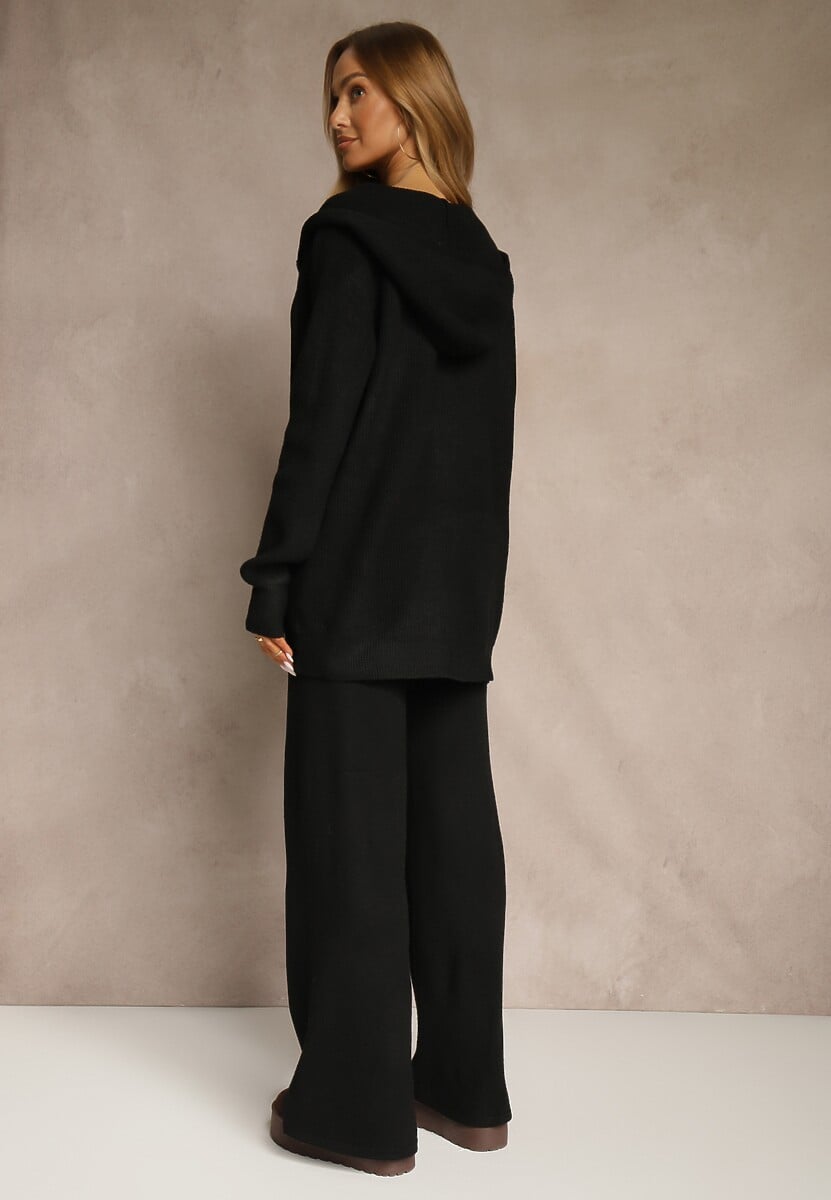 Czarny Komplet z Wełną i Bawełną Rozpinana Bluza z Kapturem i Szerokie Spodnie Reisema