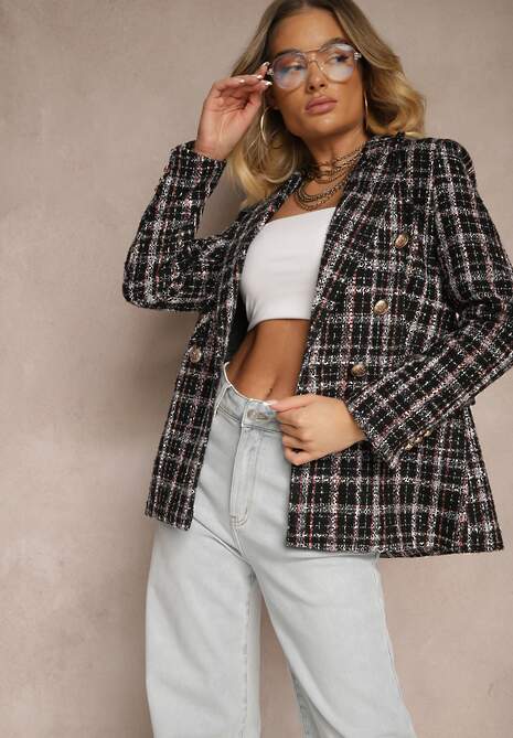 Czarna Dwurzędowa Marynarka z Błyszczącą Nicią i Poduszkami na Ramionach Elilona