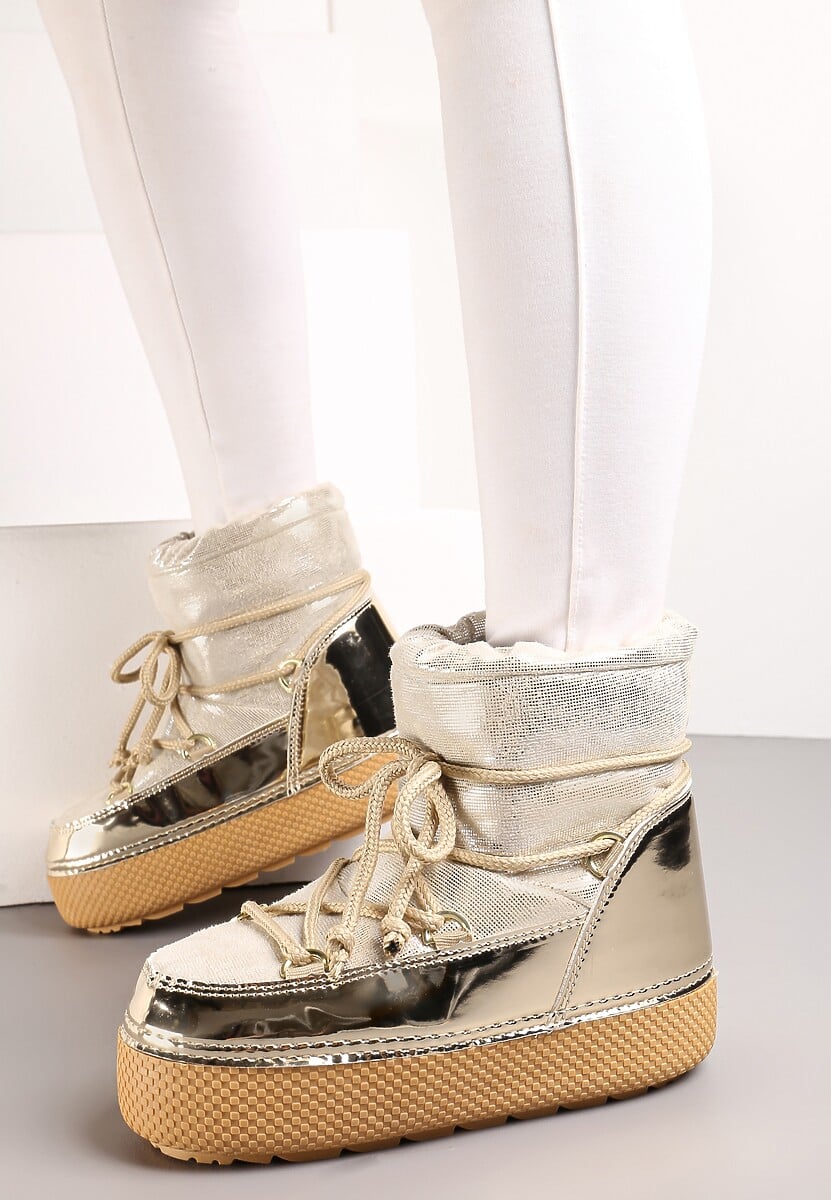 Złote Śniegowce na Grubej Podeszwie ze Ściąganą Cholewką i Sznurowaniem Betulia