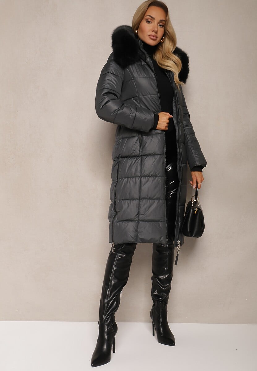 Szara Pikowana Kurtka o Długim Kroju z Odpinanym Kołnierzem z Futerka Neathora