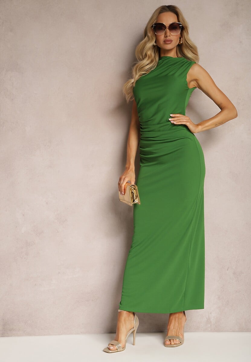 Zielona Sukienka Bodycon o Dopasowanym Fasonie Bez Rękawów z Drapowaniem Roxelina