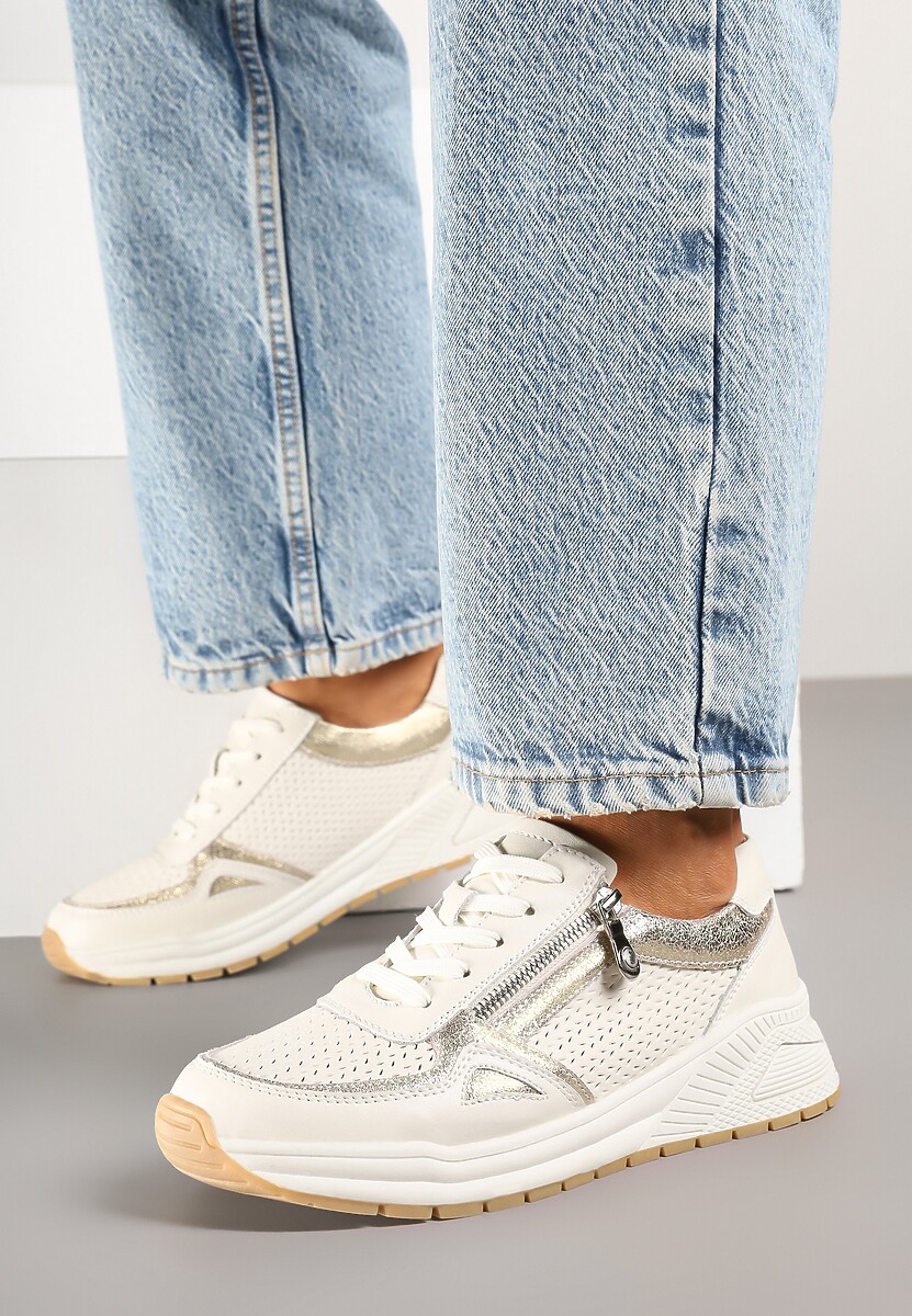 Beżowe Skórzane Sneakersy z Ozdobną Perforacją i Suwakiem Amiriella