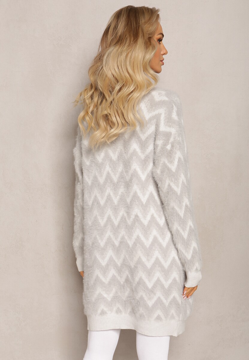 Szary Niezapinany Kardigan o Przedłużonym Fasonie w Zygzaki Chevron Oherna