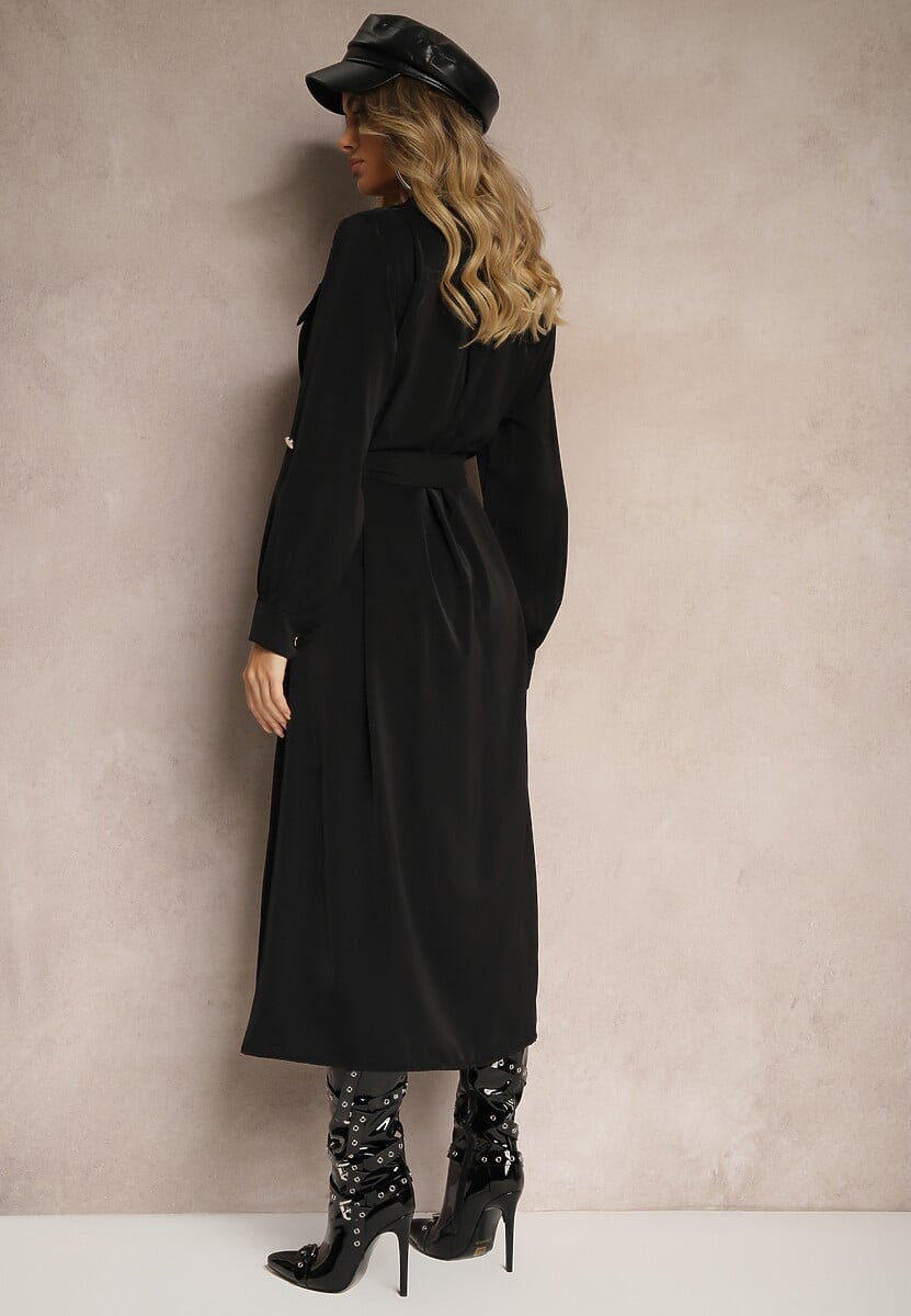 Czarna Sukienka o Koszulowym Kroju z Rękawami z Możliwością Podpięcia i Wiązanym Paskiem Ivalorae