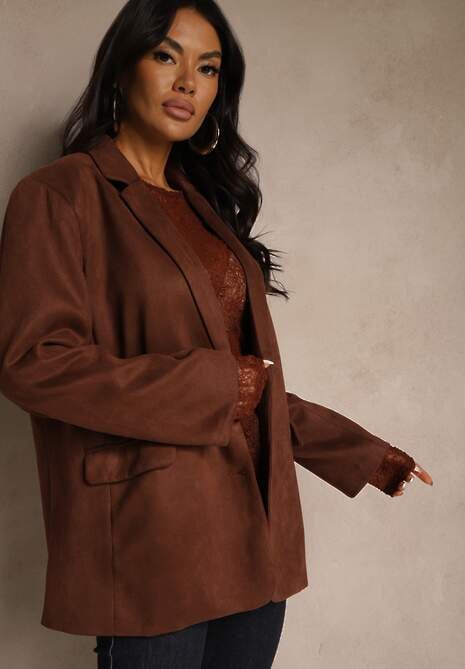 Brązowa Oversizowa Marynarka w Stylu Retro Zenorela